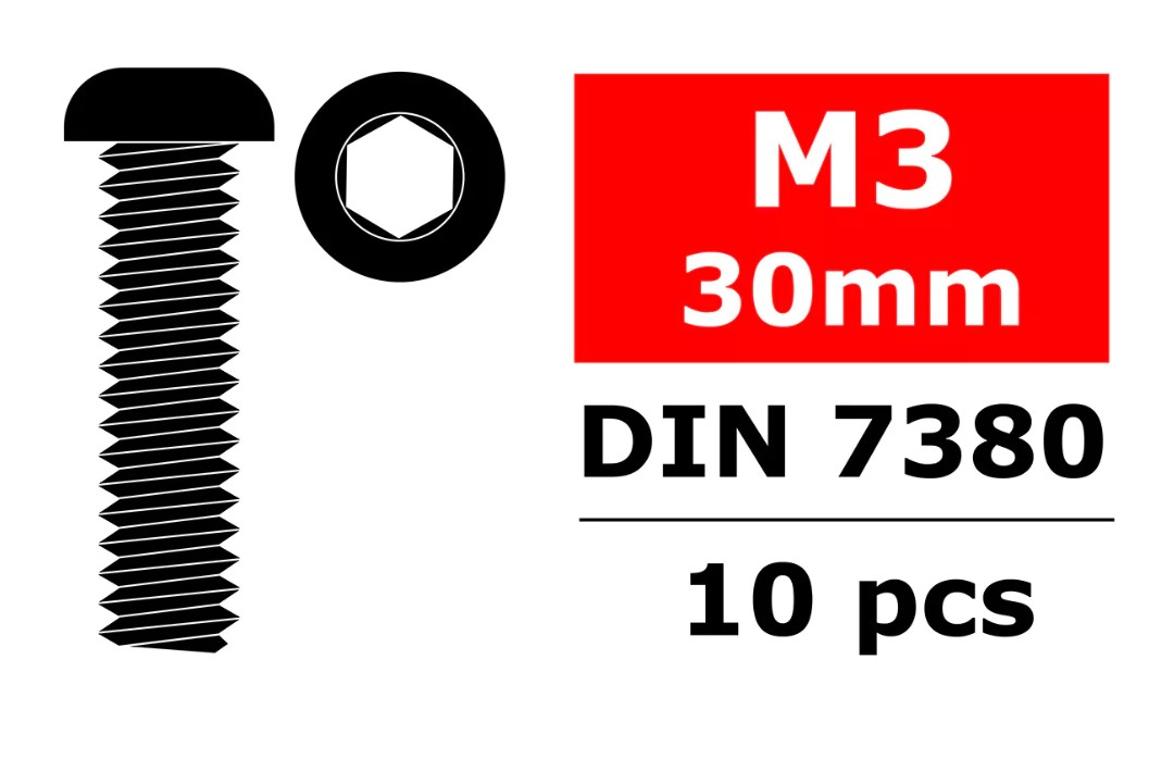 Hex Button Head Screw, M3x30, Steel, 10 pcs